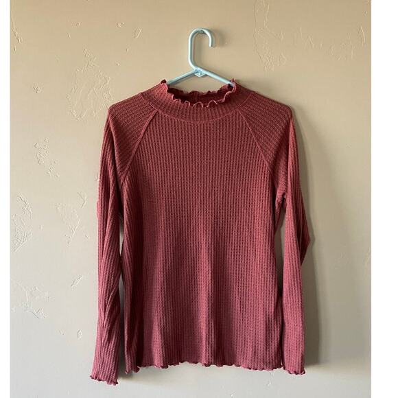 Ginger G Waffle Knit Mock Neck with Scalloped Edges Long Sleeved Shirt - Picture 1 of 2